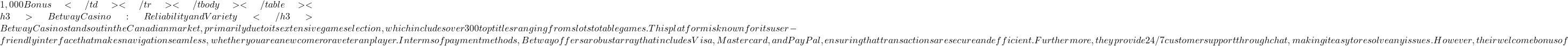 1,000 Bonus</td></tr></tbody></table><h3>Betway Casino: Reliability and Variety</h3>Betway Casino stands out in the Canadian market, primarily due to its extensive game selection, which includes over 300 top titles ranging from slots to table games. This platform is known for its user-friendly interface that makes navigation seamless, whether you are a newcomer or a veteran player. In terms of payment methods, Betway offers a robust array that includes Visa, Mastercard, and PayPal, ensuring that transactions are secure and efficient. Furthermore, they provide 24/7 customer support through chat, making it easy to resolve any issues. However, their welcome bonus of